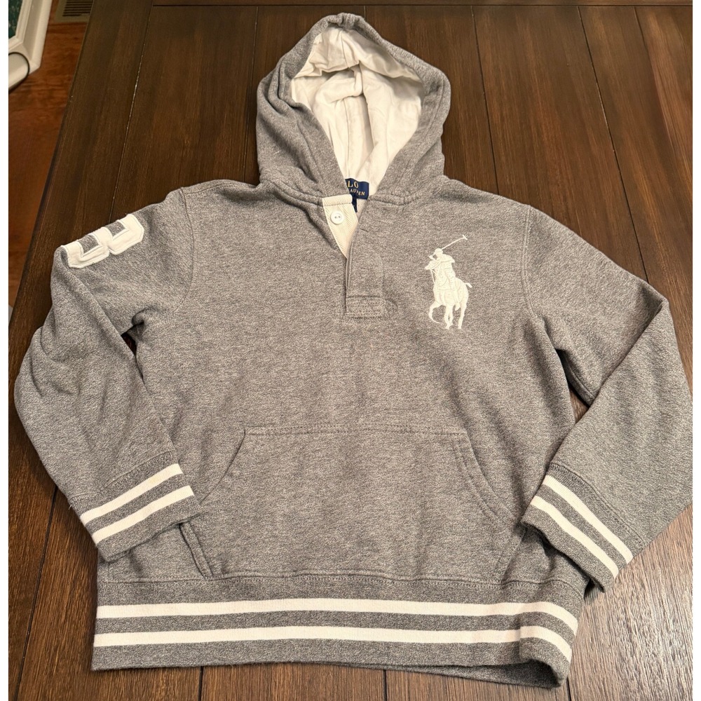 Polo Ralph Lauren Boys Gray Big Pony Henley Hoodie Sweatshirt Size S 8